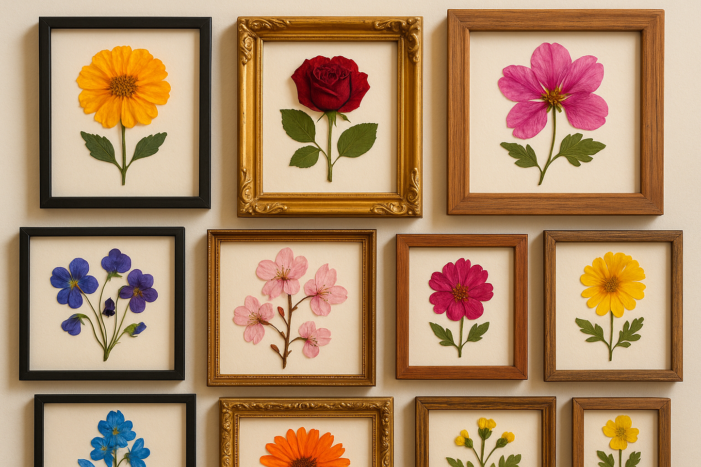 colorful pressed flowers in frames