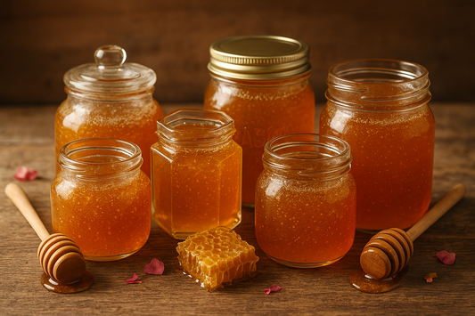 Beautiful photograph of raw unfiltered honey in various glass jars of different shapes and sizes, arranged on rustic wooden surface with natural lighting