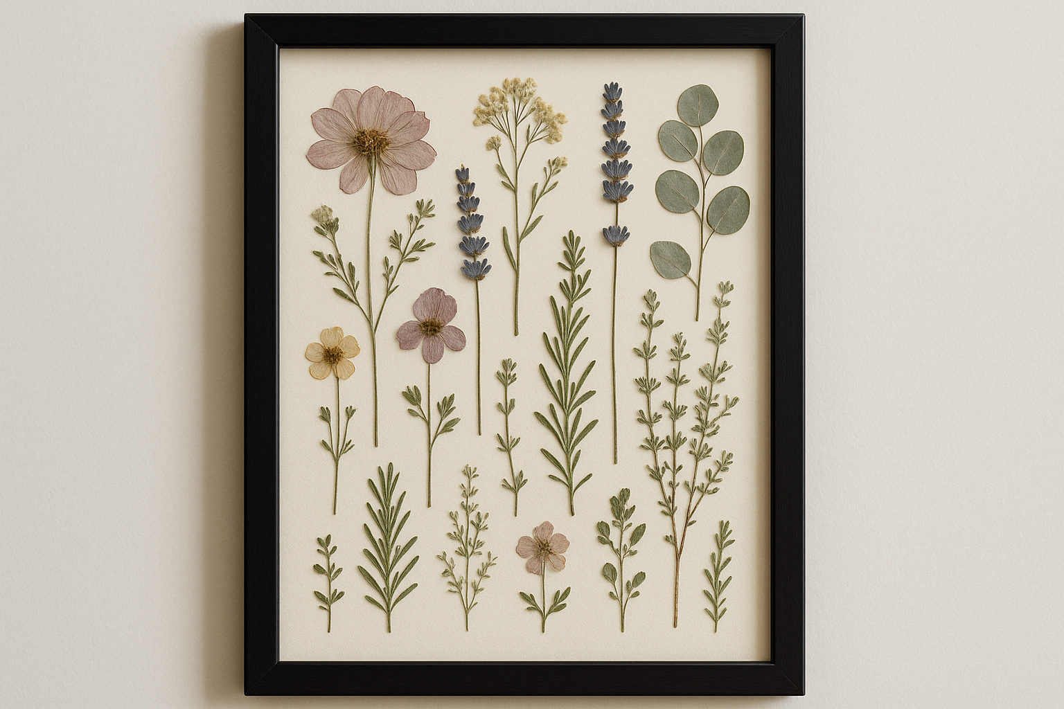pressed flowers and herbs in a black frame