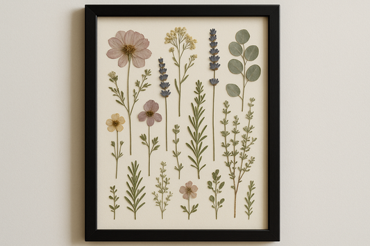 pressed flowers and herbs in a black frame