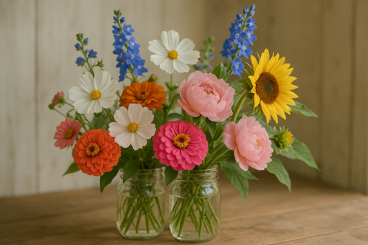 real fresh cut zinnias, cosmos, sunflowers, peonies, and delphiniums in mason jars please